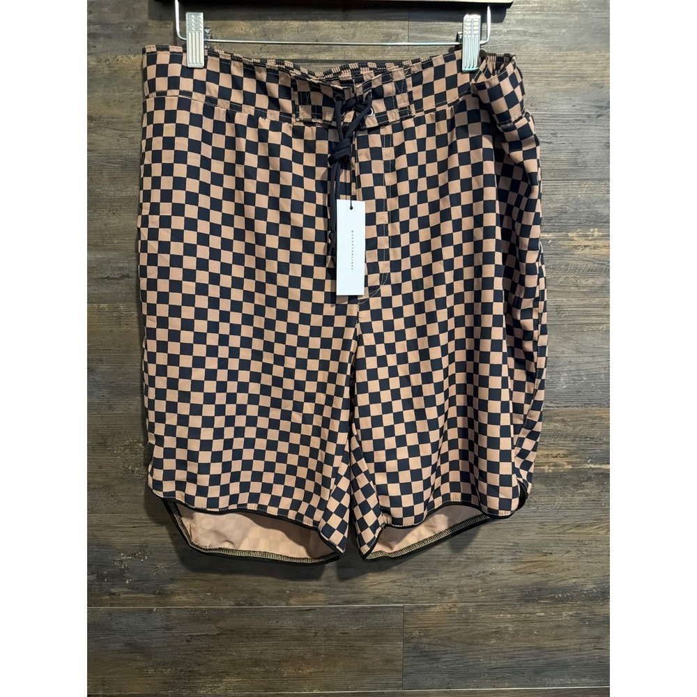 Tan + Lines by Sivan Ayla Mens XL Checkerboard Swim Trunks Tan Black board shrts